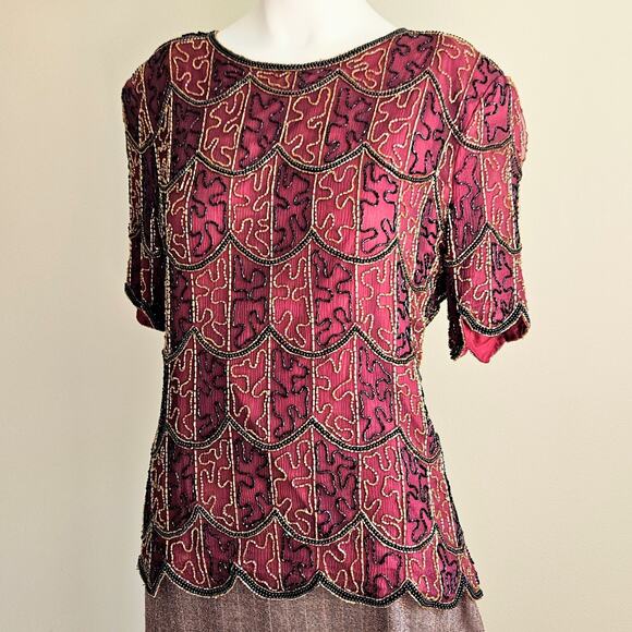 Vintage Womens Top Size XL Beaded Abstract Pattern Pure Silk Autumn Whimsigoth - Picture 1 of 11